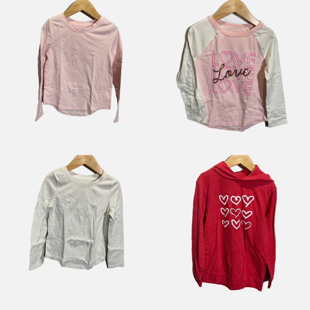 Cat & Jack Urban Smalls Tops Kids 5T XS Pink Red White Hearts Long Sleeve Lot 4